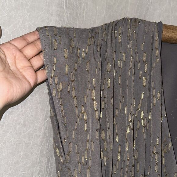 MESOP 12 Gray Gold Metallic Pleated Drop Waist V-Neck Sleeveless Tie Waist Dress - Picture 5 of 14